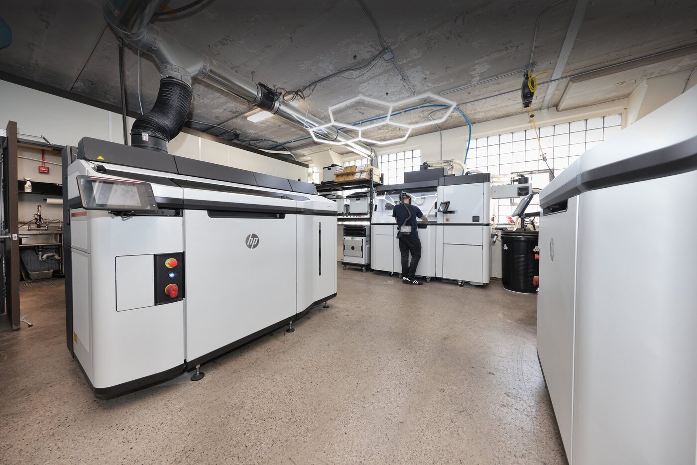 Rapid Drone Parts production floor with industrial 3D printers running
